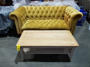 2X PIECE MIXED FURNITURE LOT TO INCLUDE - 1X YELLOW VELVET SYTYLE BUTTONED 2 SEATER SOFA - 1X WINCHESTER LIGHT OAK COFFE TABLE - 1145X593X495MM #PLEASE NOTE CUSTOMER RETURNS