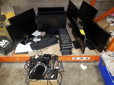 17 PIECE MIXED IT LOT CONTAINING 9 X HP MONITORS, 8 X KEYBOARDS AND A BOX FULL OF VARIOUS LEADS