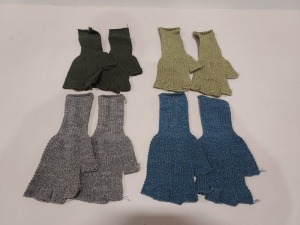 1000+ PAIRS OF ADULT FINGERLESS GLOVES IN GREEN ,BROWN AND GREY IN 7 BAGS (NOTE'S GLOVES ARE NOT PAIRED UP LOOSE IN 7 BAGS AND CUFFS IN POOR CONDITION)