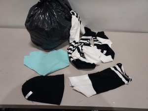 300+ PIECE MIXED LOT CONTAINING DISNEY BLACK WOOLY HATS , NECK WARMER'S IN BLACK , RED AND LIGHT BLUE , EXTRA LONG SCARVES IN BLACK AND WHITE IN 3 BAGS AND 3 TRAYS (NOTE TRAYS ARE NOT INCLUDED )