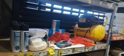 30+ PIECE MIXED LOT CONTAINING STANLEY AIR COMPRESSOR, AIR STAPLE GUN , INDUSTRAIL STAPLES , CLOVER BOND SPRAY ADHESIVE , VARIOUS FURNITURE REPAIR PARTS ETC