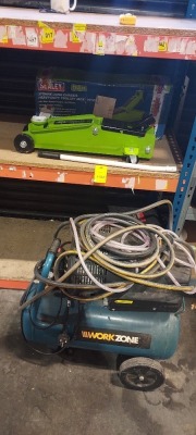 2 PIECE LOT CONTAINING 50L AIR COMPRESSOR WITH HOIST DAMAGE TO ON AND OFF SWITCH AND ONE SEALEY 3 TONNE LONG CHASSIS HEAVY - DUTY TROLLEY JACK IN HI-VIS GREEN.