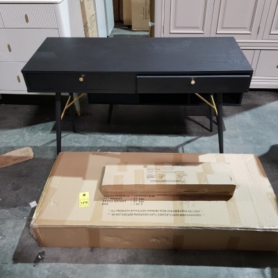 1 X BOXED BARCELONA CONSOLE 2 DRAWER DESK IN BLACK AND COPPER COLOUR ( W 120 CM X D 49 CM X H 76 CM ) ( NOTE THIS IS CUSTOMER RETURN -