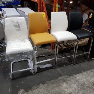 4 X BAR STOOLS 2X WHITE - 1X MUSTARD 1X BLACK ( PLEASE NOTE THIS IS CUSTOMER RETURNS)