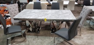 1X ARTURO MARBLE TOP DINING TABLE 2000 X 1000MM AND 6 BRAND NEW CHAIRS 2 VELVET BUTTONED CHAIRS AND 4 LEATHER DARK GREY CHAIRS.