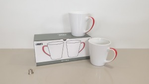 48 X BRAND NEW BIALETTI SET OF 2 MUGS (WHITE WITH RED HANDLES) - IN 12 BOXES