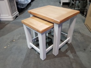 1 X SET OF 2 WOODEN TOP NEST OF TABLES L 55 CM X W 45 CM X H 55 L 38 XM X W 40 CM X H 48 CM NOTE THIS IS CUSTOMER RETURN