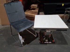 1 X ARTURO MARBLE TOP TABLE W 60 CM X L 60 CM X H 57 CM WITH CHROME LEGS AND ONE GREY CHAIR (NOTE THIS IS CUSTOMER RETURN)