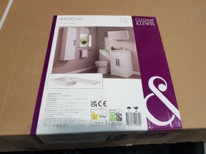 10 X BRAND NEW COOKE & LEWIS ARDESIO LEFT HAND L SHAPE BASINS ( WIDTH 107 CM X DEPTH 48 CM X HEIGHT 3 CM ) - PLEASE NOTE THIS PRODUCT IS BRAND NEW BUT ALL BOXES ARE WATER DAMAGED