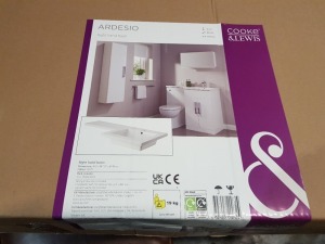 10 X BRAND NEW COOKE & LEWIS ARDESIO RIGHT HAND L SHAPE BASINS ( WIDTH 107 CM X DEPTH 48 CM X HEIGHT 3 CM ) - PLEASE NOTE THIS PRODUCT IS BRAND NEW BUT ALL BOXES ARE WATER DAMAGED