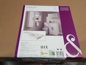 10 X BRAND NEW COOKE & LEWIS ARDESIO RIGHT HAND L SHAPE BASINS ( WIDTH 107 CM X DEPTH 48 CM X HEIGHT 3 CM ) - PLEASE NOTE THIS PRODUCT IS BRAND NEW BUT ALL BOXES ARE WATER DAMAGED