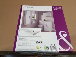 10 X BRAND NEW COOKE & LEWIS ARDESIO RIGHT HAND L SHAPE BASINS ( WIDTH 107 CM X DEPTH 48 CM X HEIGHT 3 CM - PLEASE NOTE THIS PRODUCT IS BRAND NEW BUT ALL BOXES ARE WATER DAMAGED