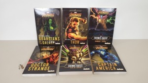 40 X BRAND NEW MARVEL AVENGERS 5 PIECE BOOK SET INCLUDES THE COSMIC QUEST VOLUME 1 & 2 AND THE HEROS JOURNEY IE, CAPTAIN AMERICA, DOCTOR STRANGE AND THOR IN 10 BOXES