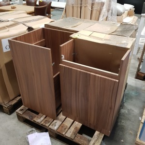 5 X PIECE MIXED LOT CONTAINING 2 L SHAPED W/C UNITS IN DIJON WALNUT SIZE W 55 CM , H 82 CM D 24 CM , AND 3 BATHROOM VANITY UNITS IN WALNUT SIZE , H82 , D48 CM W 50CM ,