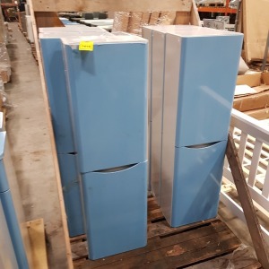 6 X BATHROOM CABINET'S IN GREY AND BLUE WITH 4 SHELF'S INSIDE SIZE H120 CM , 35CM , D 20CM (NOTE SOME WATER DAMAGE AND SCRATCHES)