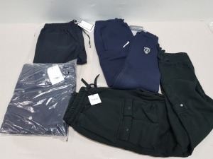 4 X BRAND NEW MIXED CLOTHING LOT TO INCLUDE 1X PREVU VATORE PARKA IN NAVY SIZE SMALL - £150 - 1 X PROFOUND BLACK CARGO PANTS SIZE M - £130 - 1 X PREVU BLACK CARGO PANTS SIZE XL - £100 - 1 X BENJART JOGGERS IN SIZE M - £80