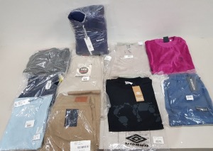 10 X BRAND NEW MIXED CLOTHING LOT TO INCLUDE 1X GRAN SASSO 1/4 ZIP KNIT JUMPER SIZE 50 - £120 - 1X TIMBERLAND NAVY JACKET SIZE M -£95 - 1X LEE CHINOS IN STONE SIZE 32/32 - 1X REPRESENT JOGGERS SIZE XL -£60 - ETC