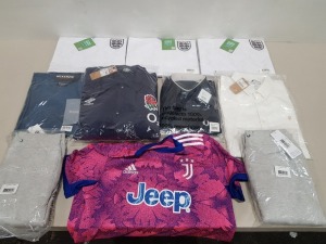 10 X BRAND NEW MIXED CLOTHING LOT TO INCLUDE 1X FRED PERRY OXFORD SHIRT IN NAVY SIZE M - £90 - 3X RETRO 90S ENGLAND FOOTBALL SHIRT SIZE XXL - £40- 1X JUVENTUS FOOTBALL SHIRT SIZE M - 1X UMBRO ENGLAND RUGBY JACKET SIZE LARGE -£90 - 2XGUESS JOGGERS IN GREY 