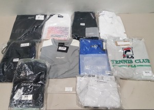 10 X BRAND NEW MIXED CLOTHING LOT TO INCLUDE 1X GRAN SASSO POLO SHIRT SIZE 56 £ 140 - 1X MCKENZIE T SHIRT SIZE M - £15.00 - 1X MCKENZIE JOGGERS SIZE M £18 - 1X MCKENZIE JOGGERS SIZE L -£35 - 1X FILA TENNIS CLUB SWEATER IN SIZE L - 1X CHAMPION JOGGER SHORT