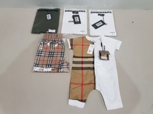 5 X BRAND NEW MIXED CLOTHING LOT TO INCLUDE 2X DSQUARED2 WHITE T-SHIRTS SIZE 10 YEARS - 1X DSQUARED2 KHAKI T-SHIRT SIZE 12 YEARS - 1X BURBERRY SHORTS SIZE 6 YEARS £180 - 1X BURBERRY ROMPER SIZE 6 MONTHS £180