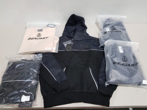 6 X BRAND NEW MIXED CLOTHING LOT TO INCLUDE 2X BENJART RACER T-SHIRTS SIZE L £50 PP - 2X BENJART BLACK/NAVY HOODIES IN SIZE L -£80 PP - 2X BENJART JOGGERS IN NAVY SIZE M £80