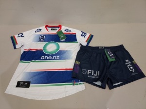 19 X BRAND NEW ONEILLS OFFICIAL NRL MERCHANDISE TO INCLUDE 15X WARRIORS JERSEYS IN SIZES M- L-XL - £74.99 4X STORM HOME PLAYING SHORTS IN SIZES L-XL-2XL £39.99