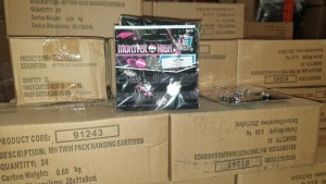 TRIPLE STACKED MIXED PALLET CONTAINING APPROX 13,000 MONSTER HIGH TWIN PACK EARING SET AND HELLO KITTY RINGS