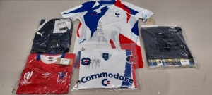 10 X BRAND NEW MIXED SPORTS CLOTHING LOT TO INCLUDE 1X CHILE RUGBY SHIRT SIZE L - 1X PSG RETRO 91 FOOTBALL SHIRT SIZE M - 1X FRANCE FOOTBALL SHIRT SIZE M - ETC