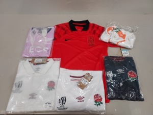 10 X BRAND NEW MIXED SPORTS CLOTHING LOT TO INCLUDE VARIOUS UMBRO ENGLAND RUGBY JERSEYS IN VARIOUS SIZES - 1X ADIDAS NEW ZEALAND TRAINING JERSEY SIZE L - 1X NIKE KOREA HOME JERSEY SIZE M ETC