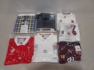 10 X BRAND NEW MIXED SPORTS CLOTHING LOT TO INCLUDE 1X UMBRO ENGLAND RUGBY JERSEY SIZE XL IN WHITE - 1X UMBRO ENGLAND RUGBY JERSEY NAVY SIZE M - MACRON WALES RUGBY JERSEY SIZE L - ETC