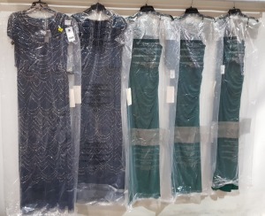 5 X BRAND NEW ADRIANNA PAPELL MIXED DRESS LOT TO INCLUDE 2 X MAXI DRESS IN NAVY IN SIZE 10 £230PP AND 3 X ONE SHOULDER JERSEY DRESS IN SIZE 12