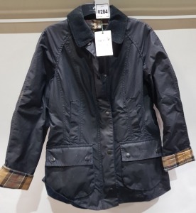 1 X BARBOUR BEADNELL WAX JACKET IN NAVY WITH TAGS SIZE 8/XS (PLEASE NOTE ITEM NEEDS CLEANING - SEE IMAGE) £209