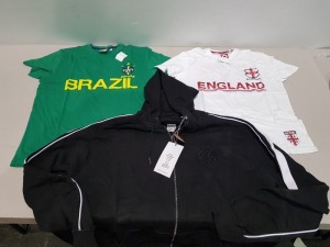 14 X BRAND NEW MIXED DUKE 555 CLOTHING LOT TO INCLUDE 5X DUKES MENS LONGSLEEVED ENGLAND T-SHIRTS - 5X DUKES BRAZIL T-SHIRTS IN SIZES L-XL - 4X DUKES SOUTHWICK ZIP UP HOODIES SIZE 5XL IN 2 TRAYS (TRAYS NOT INCLUDED)