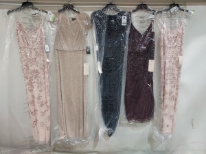 5 X BRAND NEW MIXED DRESS LOT TO INCLUDE 1X ADRIANNA PAPELL MAXI DRESS IN SILVER/NUDE SIZES 8 - £230 - 2X ADRIANNA PAPELL BEADED BLOUSON GOWN SIZE 8 1X ADRIANNA PAPELL PARTY MIDI DRESS SIZE 16 - ETC