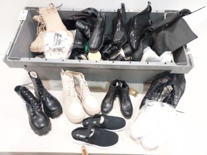 25 PIECE MIXED SHOE LOT CONTAINING PLATFORM HIGH TOP TRAINERS, MISBO BOOTS, CUSHION WALK SHOES, PRETTYLITTLETHING BOOTS, M ANKLE BOOTS, ETC IN VARIOUS STYLES AND SIZES - EX SHOP DISPLAY