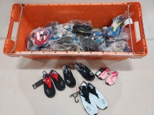 30 PIECE MIXED SHOE LOT CONTAINING HOT TUNA SWIMMING SHOES IN VARIOUS COLOURS AND SIZES - SLAZENGER SLIPPERS - - MARVEL AQUA SHOES - ETC ALL IN VARIOUS SIZES - EX SHOP DISPLAY