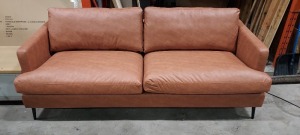 1 X JASPER 3 SEATER SOFA C5 LEATHER LOOK IN TAN MEASUREMENTS 2120 X 89 X 580 MM (NOTE SOME DAMAGES TO RIGHT BOTTOM CORNER / CUSTOMER RETURNS )