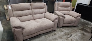 2 X PIECE RECLINER SET THIS INCLUDES 2 SEATER ELECTRIC RECLINER AND ARMCHAIR ELECTRIC RECLINER IN CREAM FABRIC ( NOTE TESTED IN WORKING IN CONDITION)