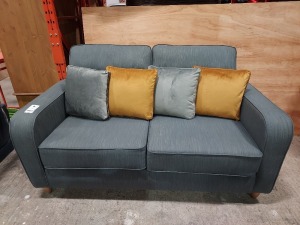 2 SEATER SOFA IN FABRIC BLUE ( NOTE CAME WITH NO LEGS BUT WE HAVE FIXED TEMPORARY USED LEGS / CUSTOMER RETURNS )