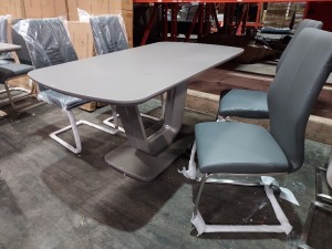 1 X LAZZARO DINING TABLE EXT 1600/2000 WITH 4 LEATHER LOOK CHROME BASS CHAIRS ALL IN GRAPHITE GREY (NOTE SOME MARKS ON TOP OF THE TABLE / CUSTOMER RETURNS)