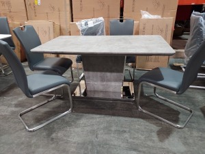 1 X CRETE DINING TABLE EXT 1600/2000 IN LIGHT GREY CONCRETE EFFECT WITH 5 LEATHER LOOK CHROME BASS CHAIRS IN DARK GREY