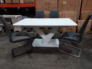 1 X RAFAEL DINING TABLE EXT 1600/2000 IN WHITE WITH 4 GREY CHAIRS (NOTE SOME CHIPPED DAMAGE UNDER TABLE / CUSTOMER RETURNS)