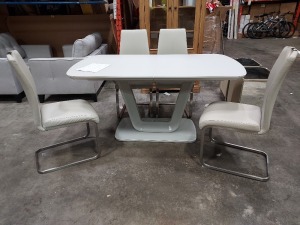 1 X LAZZARO DINING TABLE EXT 1600/2000 IN LIGHT GREY WITH 4 LEATHER LOOK CHROME BASE CHAIRS IN TWO STYLES IN LIGHT GREY