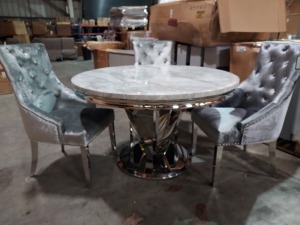 1 X ARTURO MARBLE TOP DINING TABLE -1300 WITH 3 VELVET BUTTONED CHAIRS IN GREY.