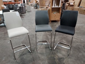 3 X BAR STOOLS LEATHER LOOK CHROME BASE IN BLACK , DARK GREY , AND CREAM . (NOTE CUSTOMER RETURNS)