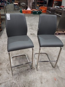 2 X BAR STOOLS LEATHER LOOK CHROME BASE IN DARK GREY (NOTE WEAR AND TEAR (CUSTOMER RETURNS)