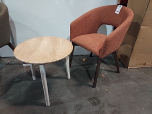 2 X PIECE ONE SMALL THREE LEG COFFEE TABLE SIZE H 50 , D 50 WITH FABRIC CHAIR IN ORANGE