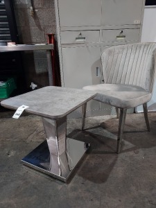 2 X PIECE ONE COFFEE TABLE SIZE H 50 , D 50 WITH VELVET CHAIR WITH CHROME LEGS IN GREY