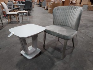 2 X PIECE ONE LAZZARO COFFEE TABLE IN LIGHT GREY SIZE H 50 , D 50 WITH VELVET CHAIR WITH CHROME LEGS IN GREY