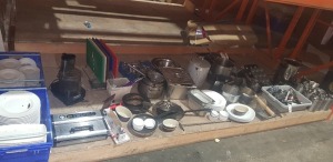 LARGE AMOUNT OF KITCHEN UTENSILS THIS INCLUDES CHOPPING BOARDS , MANUAL FILL WATER BOILER , VARIOUS PANS , COOKING TRAYS , LARGE AND SMALL PLATES , LARGE AMOUNT OF KNIVES AND FORKS ETC ON A XXL BAY